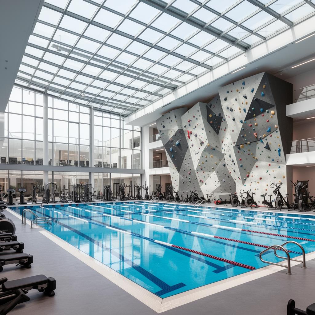 Modern fitness complex with pool and climbing wall