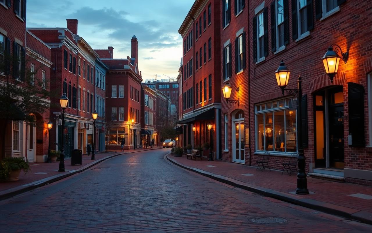 Cobblestone street in Old Town Alexandria at dusk